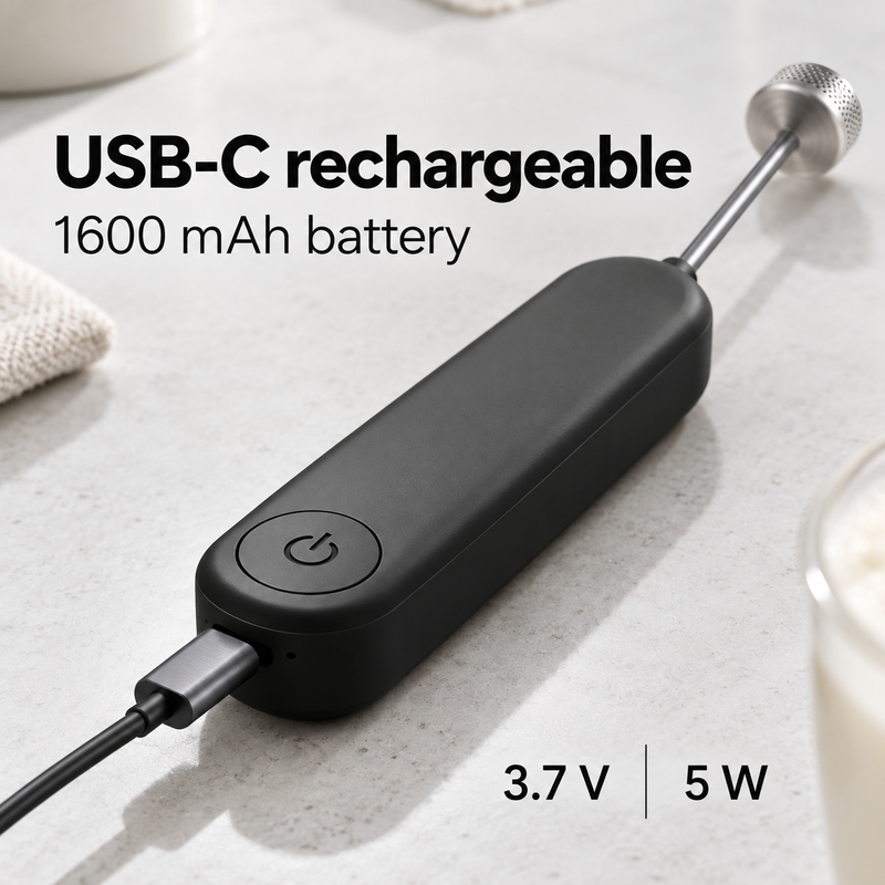 Black milk frother charging through USB-C with 1600 mAh battery, 3.7 V and 5 W specifications
