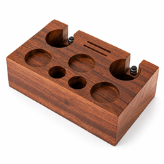 Espresso Tamping Station – Solid Walnut, 51–58mm, Dual Portafilter Support & Tool Storage
