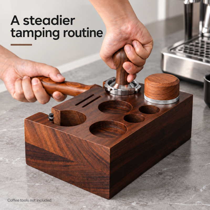 Portafilter supported by the walnut station during tamping; coffee tools are not included
