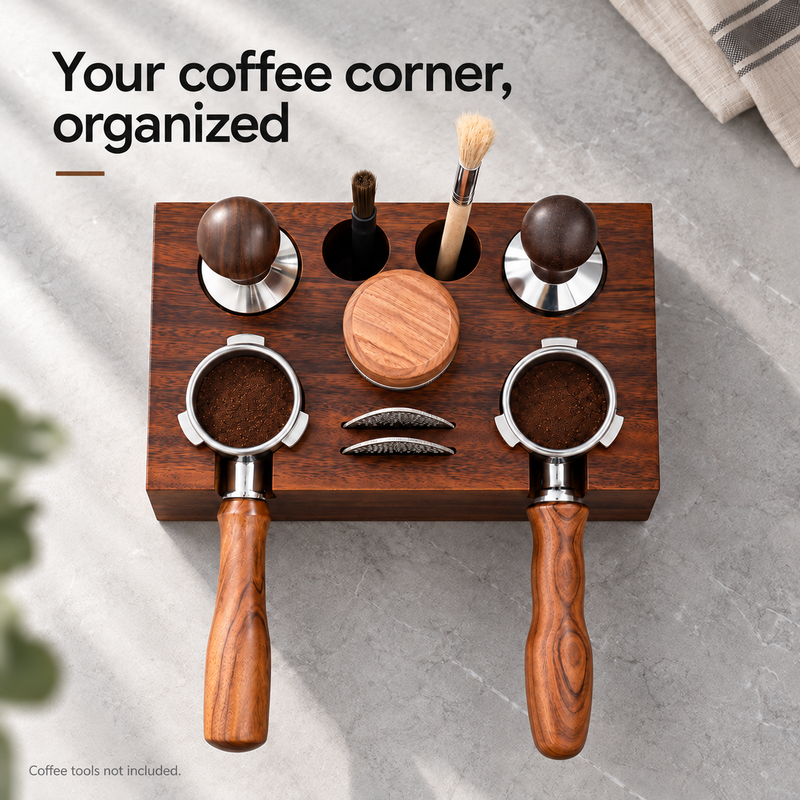 Overhead view of the walnut station organizing portafilters, tampers, brushes and puck screens; tools not included