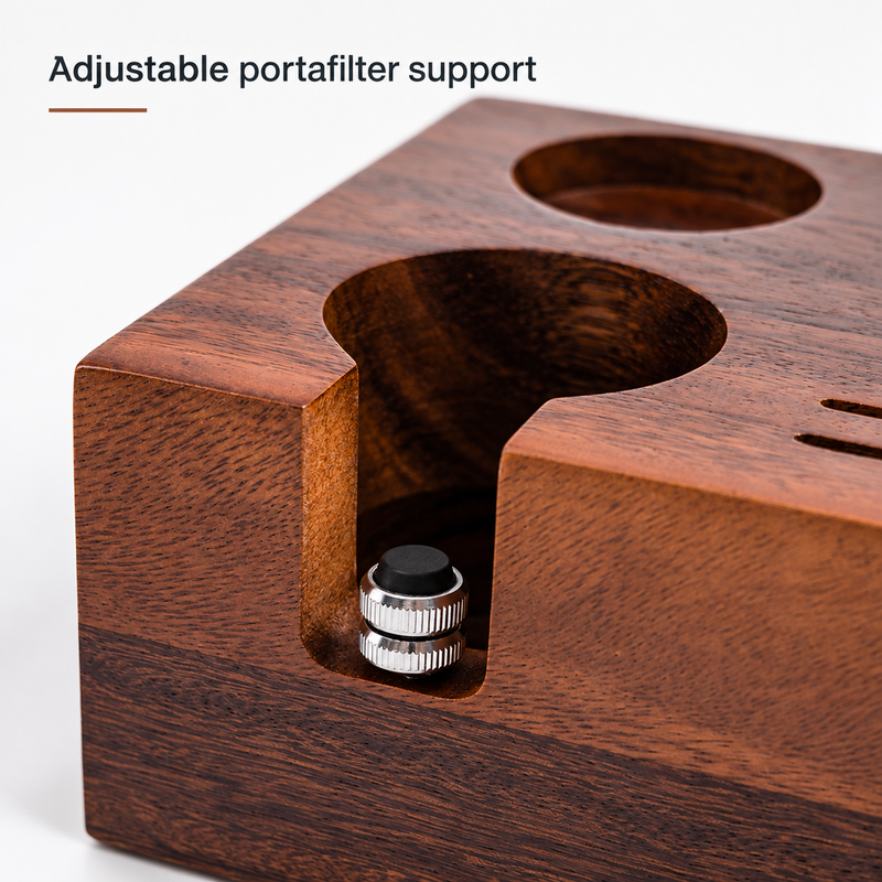 Close-up of the open portafilter cradle and adjustable metal support on the walnut tamping station