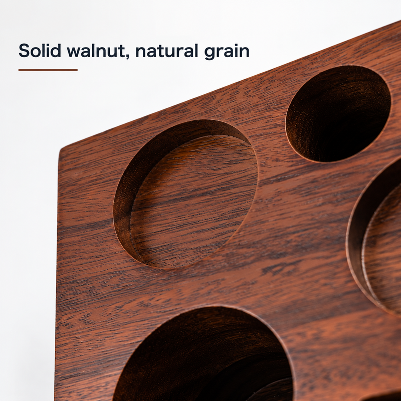 Close-up of natural walnut grain and routed circular tool recesses