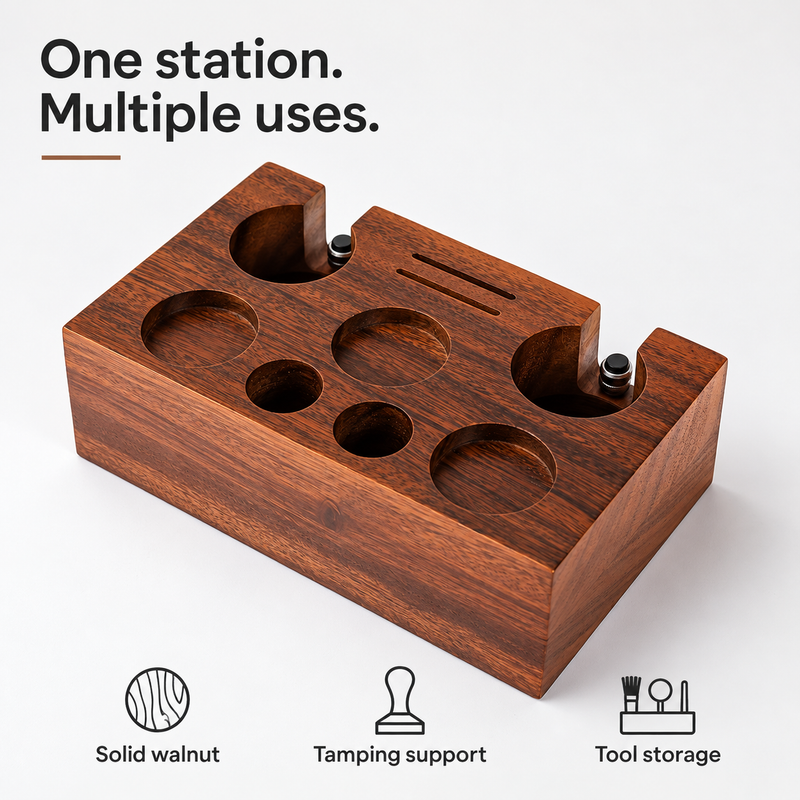 Empty walnut espresso station showing portafilter supports, circular tool recesses and puck screen slots