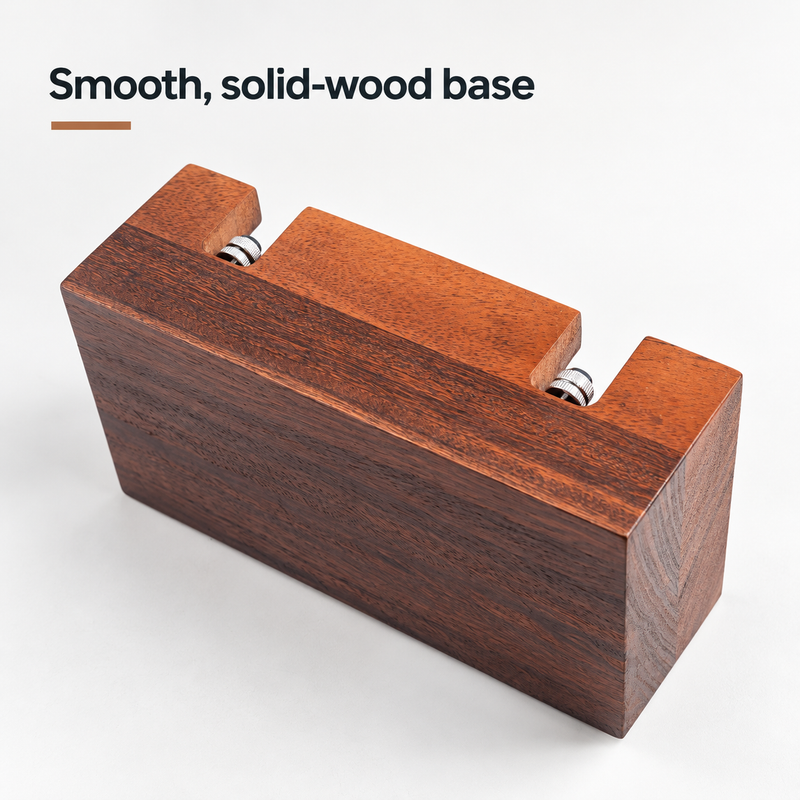 Underside view of the walnut espresso tamping station showing its smooth solid-wood base