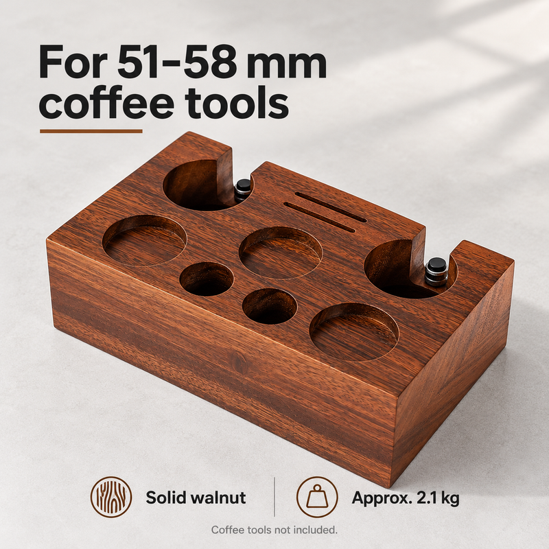 Walnut station for 51–58mm coffee tools, approximately 2.1 kg; coffee tools not included