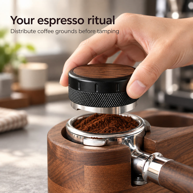 Hand hält einen Espressoverteiler mit Walnussholz-Oberteil über einen mit Kaffee gefüllten Siebträger in einem Holzständer