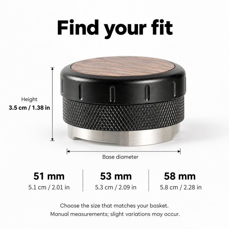 Größenübersicht des Espressoverteilers mit Bodenoptionen 51 mm, 53 mm und 58 mm und 3,5 cm Höhe