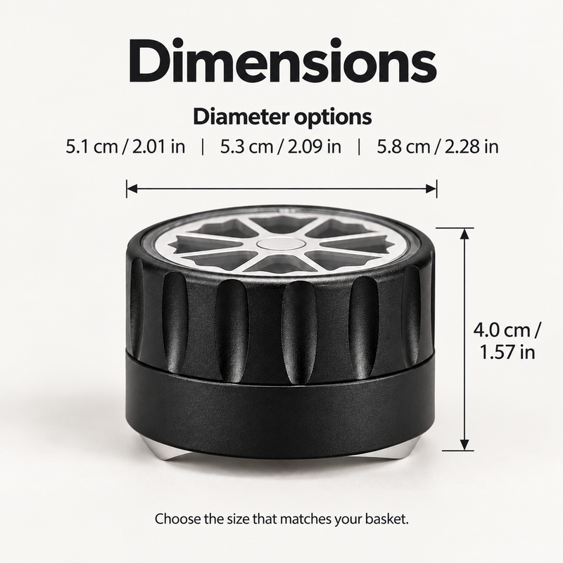 Diameteropties van de koffiedistributor van 51 mm, 53 mm en 58 mm met 4 cm hoogte