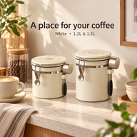 White 1.2L and 1.5L coffee canisters beside cups on a home coffee counter