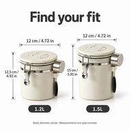 White 1.2L and 1.5L canister dimensions: 12cm diameter and 12.5cm or 15cm height, with inch conversions