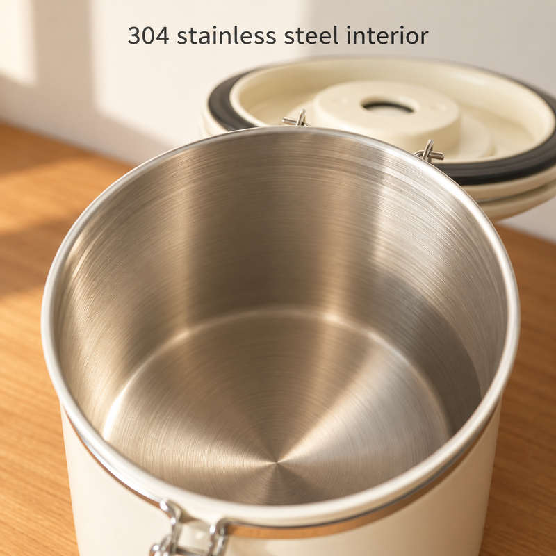 Brushed 304 stainless steel interior of the open white coffee canister