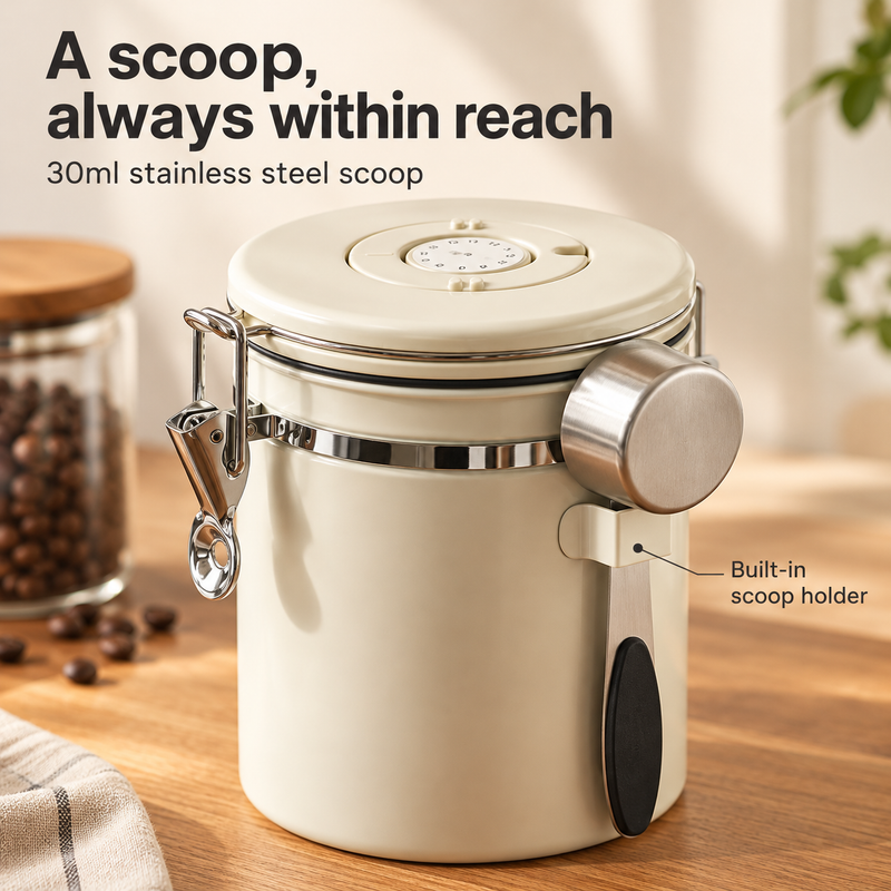 30ml stainless steel measuring scoop stored vertically in the white canister side holder