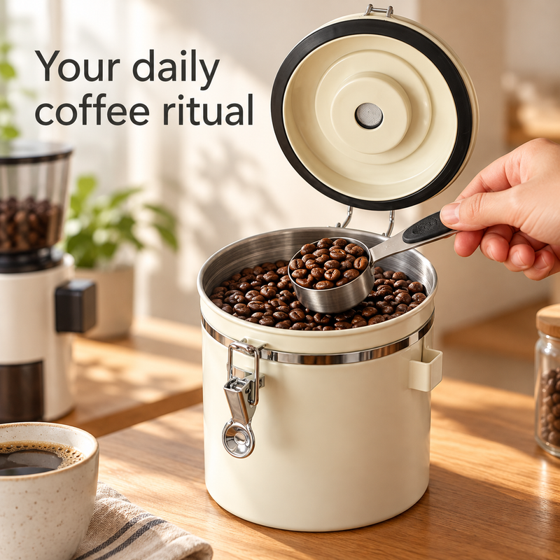 Hand scooping coffee beans from an open white canister with a stainless steel measuring scoop