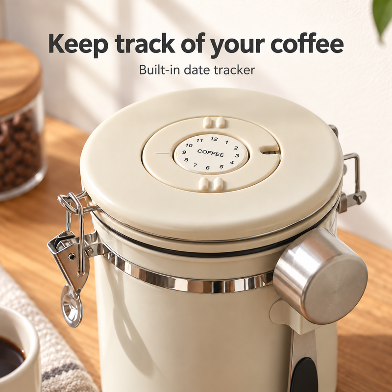 Close-up of the manual date tracking dial on the white coffee canister lid