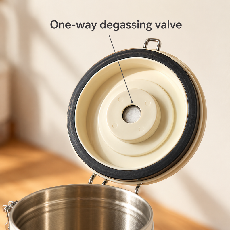 Close-up of the one-way degassing valve and black sealing ring beneath the white canister lid