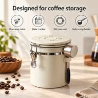 White coffee canister with icons for the one-way valve, date tracker, silicone seal and side scoop holder
