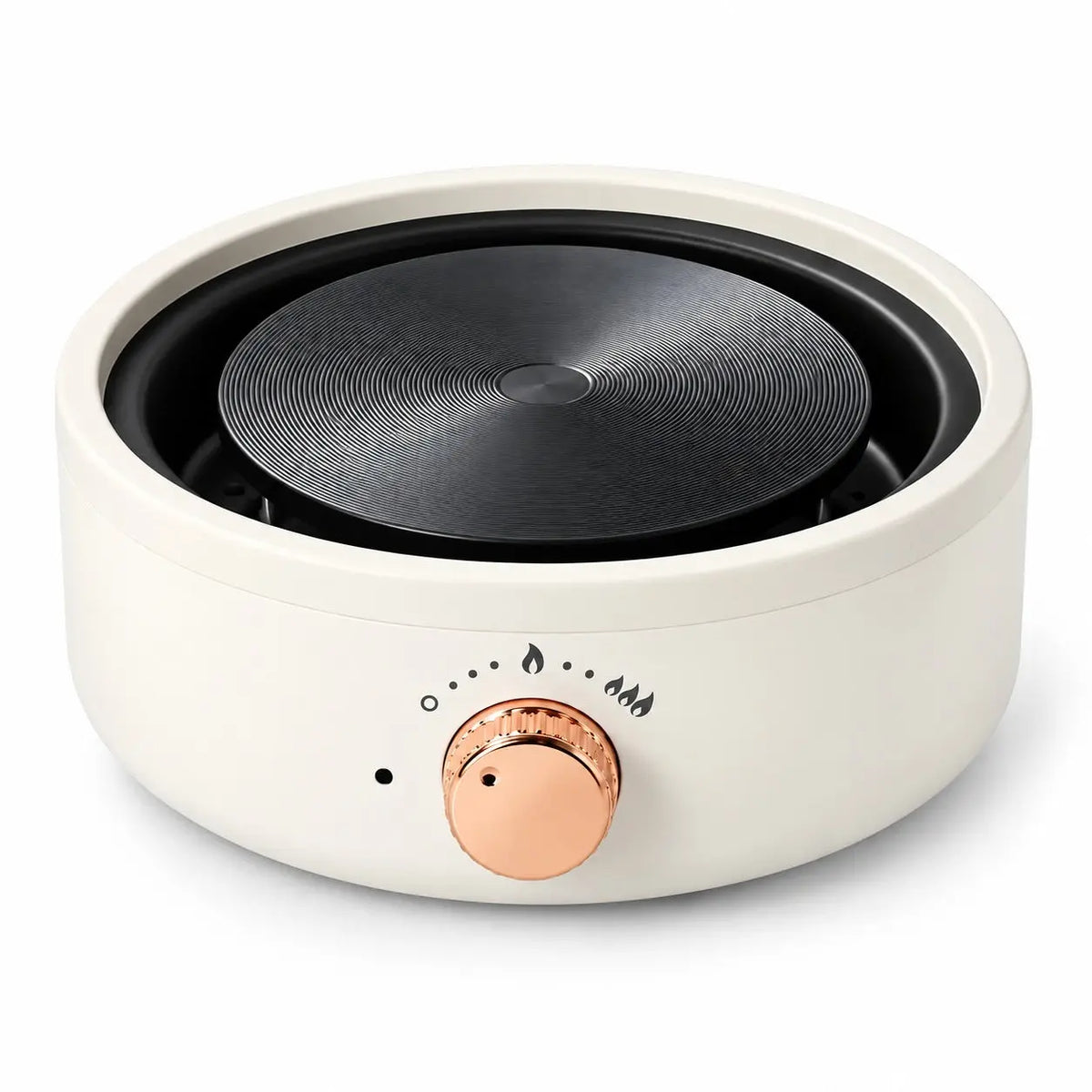 Plaque chauffante électrique Smooth Rim blanc ivoire avec disque chauffant en acier rainuré et bouton de commande or rose, sur fond blanc