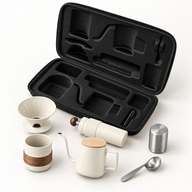 AI-generated photo of white six-piece pour-over coffee set with open travel case and all included tools