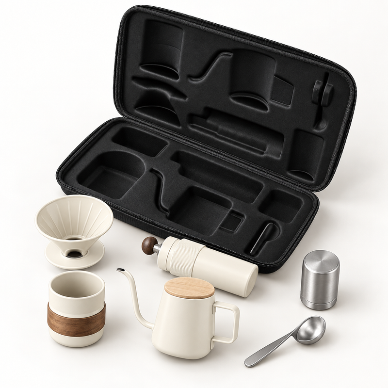 AI-generated photo of white six-piece pour-over coffee set with open travel case and all included tools