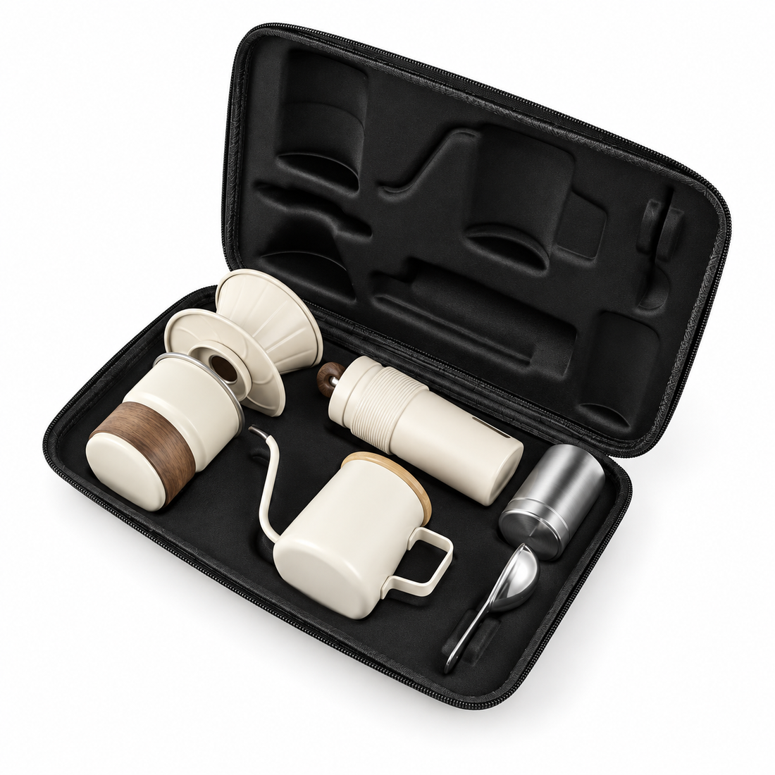 AI-generated photo of white pour-over coffee kit arranged inside the open fitted case