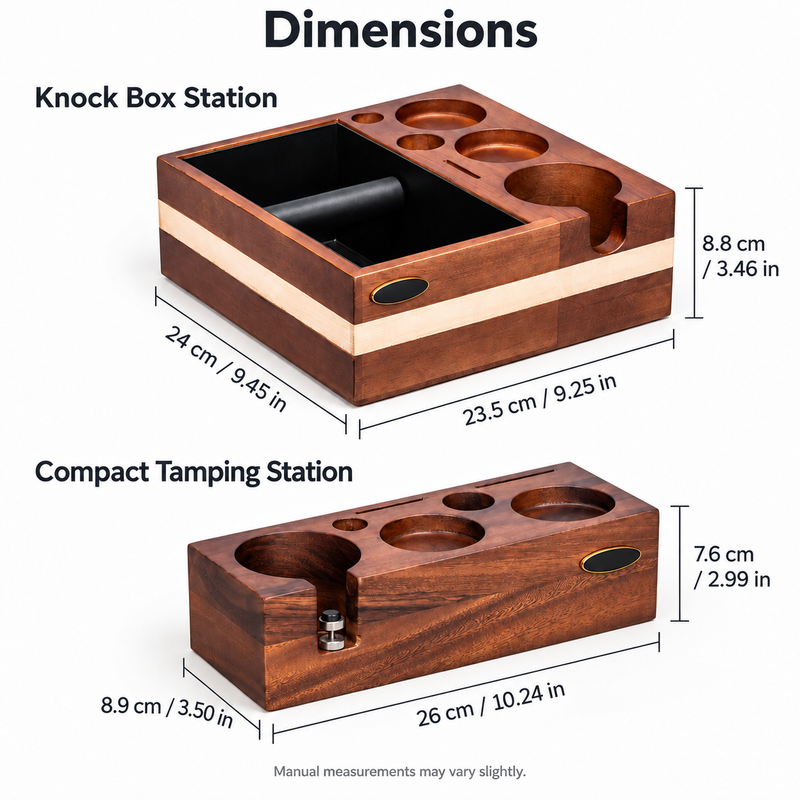 Stor station 24 × 23,5 × 8,8 cm och kompakt station 26 × 8,9 × 7,6 cm.