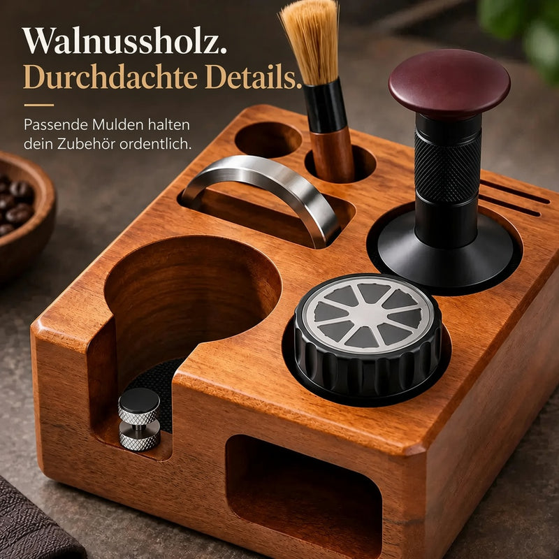 Passende Mulden der Walnuss-Tamperstation in Nahaufnahme