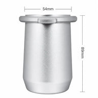 54 mm diameter and 89 mm height dimensions of the silver espresso dosing cup