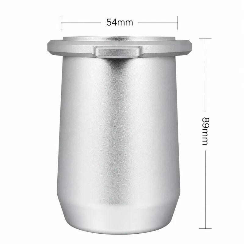 54 mm diameter and 89 mm height dimensions of the silver espresso dosing cup