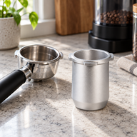 Silver 54 mm aluminum espresso dosing cup beside a portafilter