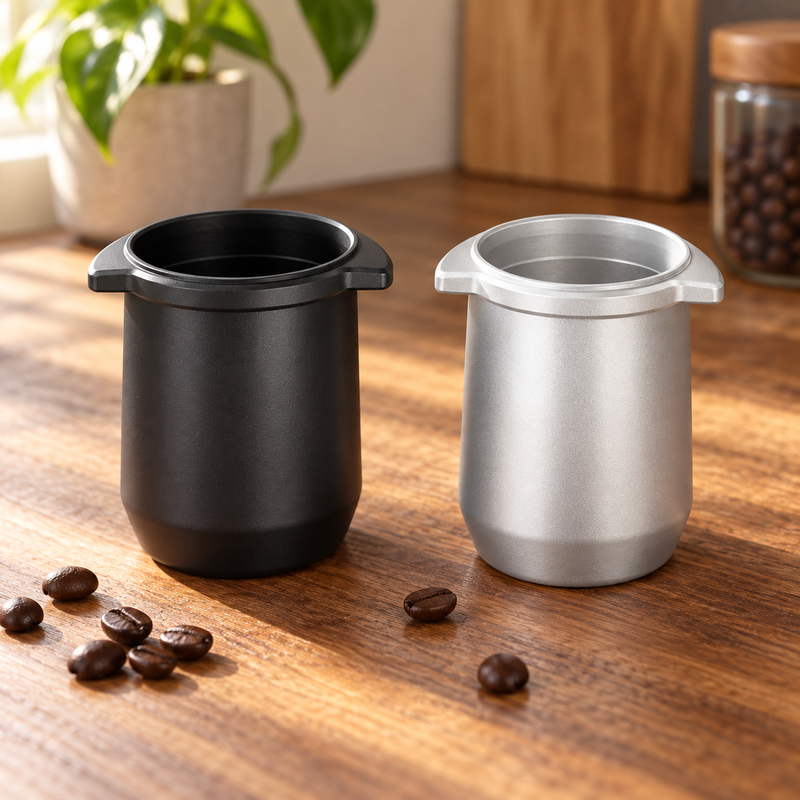 Black and Silver 54 mm espresso dosing cups on a coffee station