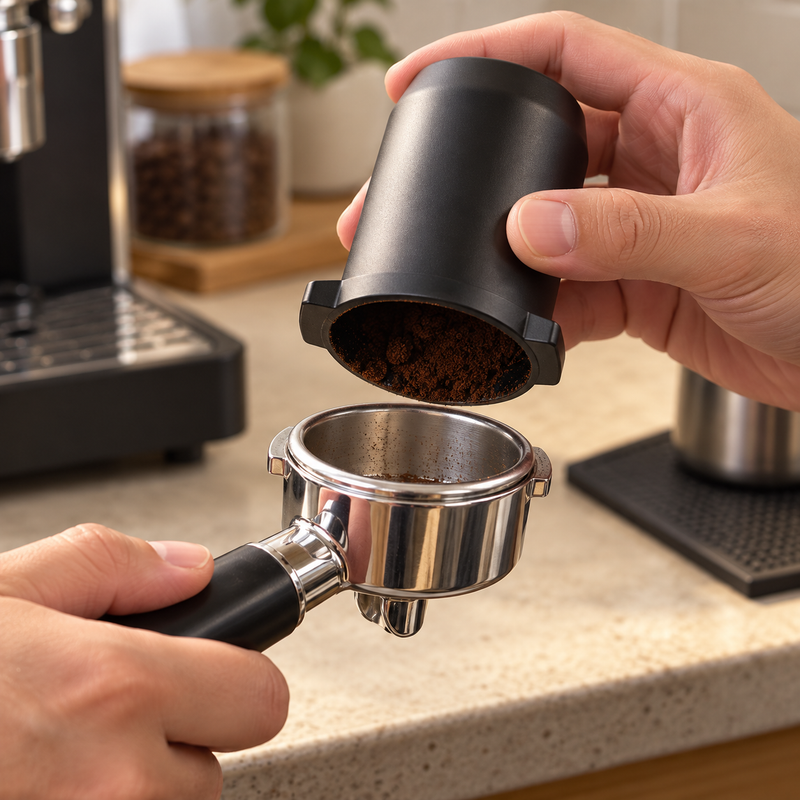 Black 54 mm dosing cup transferring coffee grounds into a portafilter