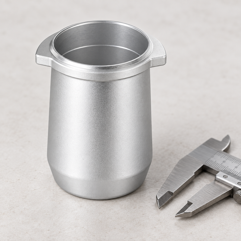 Close-up of Silver 54 mm espresso dosing cup rim and aluminum body