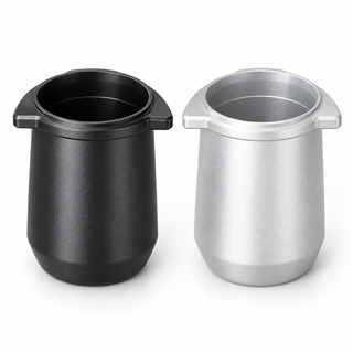Black and Silver 54 mm aluminum espresso dosing cups on a white background