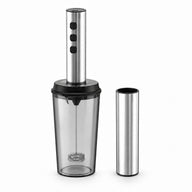 Silver three-button milk frother with 350 mL PP cup and storage sleeve, full-set configuration