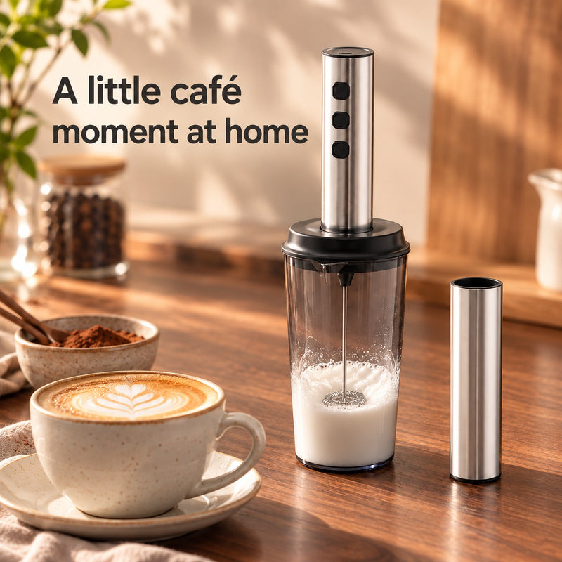 Three-speed milk frother fitted to the full-set cup beside a latte and silver storage sleeve