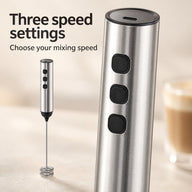 Close-up of the silver milk frother handle with three separate speed buttons