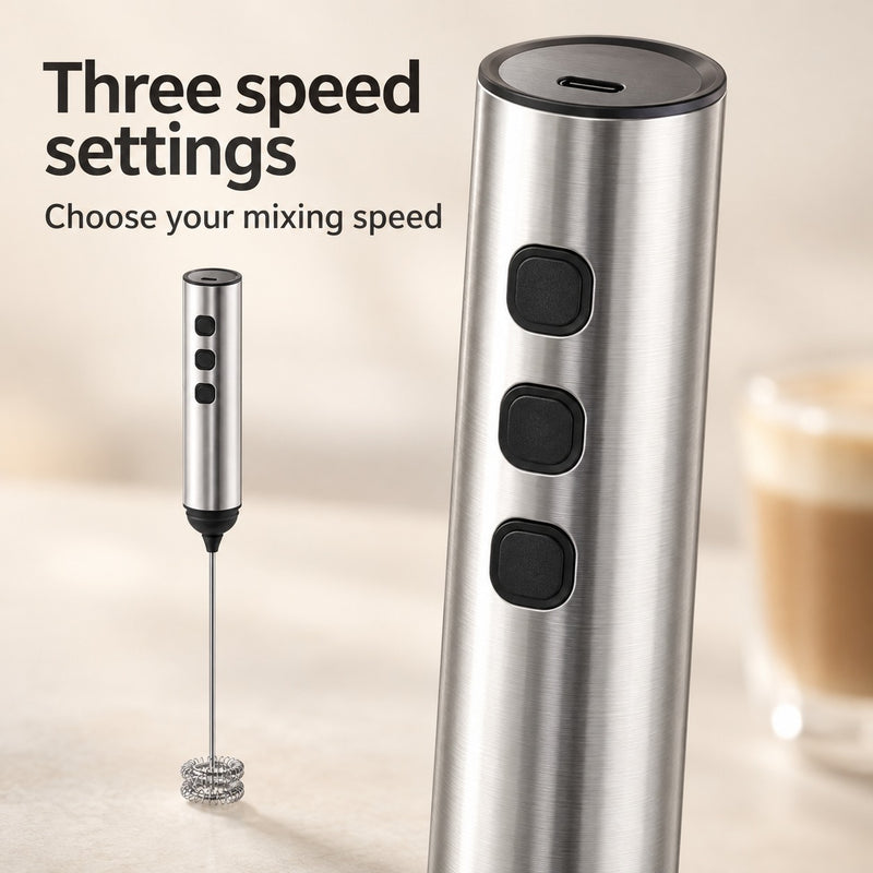 Close-up of the silver milk frother handle with three separate speed buttons