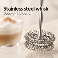 Close-up of the milk frother's double-ring stainless steel whisk