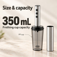 350 mL PP frothing cup capacity shown with silver three-speed frother and storage sleeve