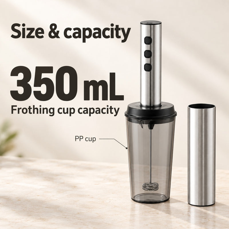 350 mL PP frothing cup capacity shown with silver three-speed frother and storage sleeve