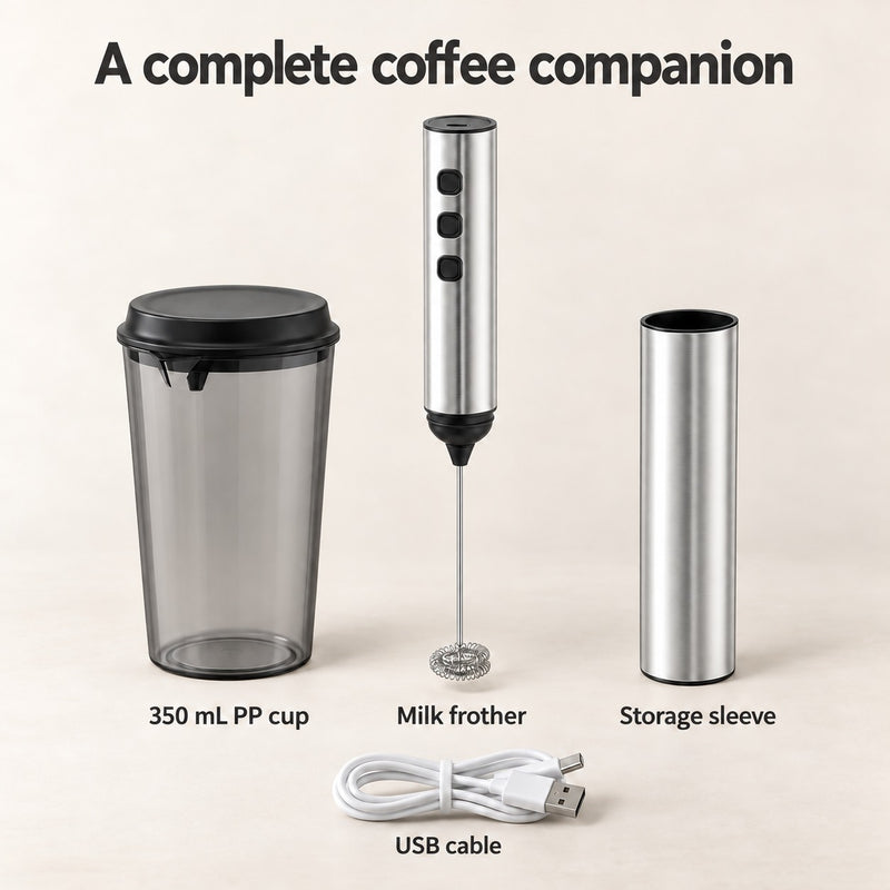 Full-set contents: silver milk frother, storage sleeve, 350 mL PP cup and USB charging cable