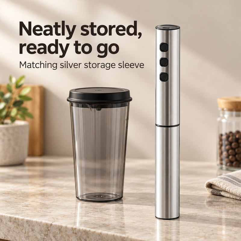 Silver three-button milk frother stored in its matching sleeve beside the full-set cup