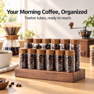 Yozcoffee 12-tube walnut coffee bean display set on a bright home coffee counter