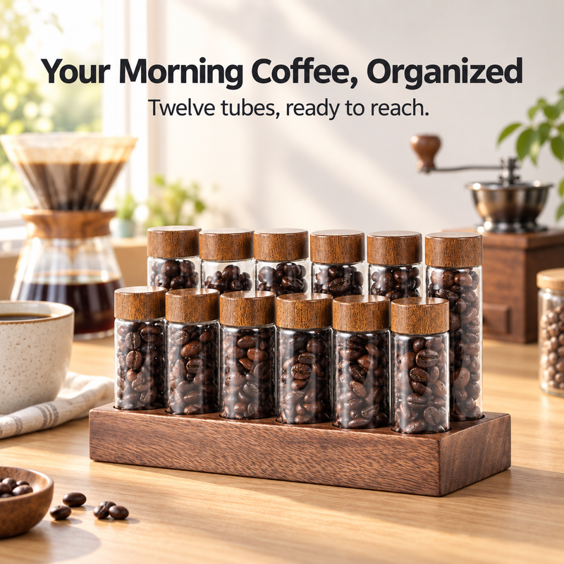 Yozcoffee 12-tube walnut coffee bean display set on a bright home coffee counter