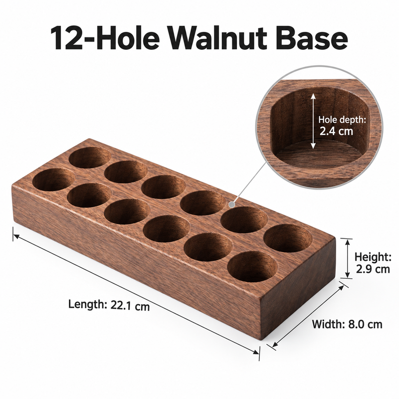 12-hole walnut coffee tube holder measuring 22.1 by 8 by 2.9 cm, with 2.4 cm deep recesses