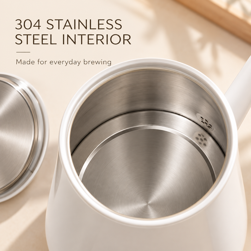 Interior of the white Yozcoffee 1L gooseneck kettle showing its 304 stainless steel surface