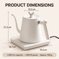 Dimensions of the Yozcoffee 1L smart kettle: 21.5 cm tall with a 19.2 by 16.7 cm base