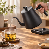 Black Yozcoffee 1L smart gooseneck kettle pouring water into a glass cup of tea
