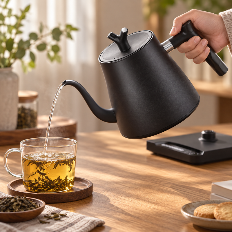 Black Yozcoffee 1L smart gooseneck kettle pouring water into a glass cup of tea