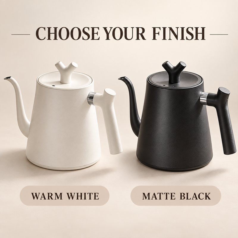 White and black finish options for the Yozcoffee 1L smart electric gooseneck kettle